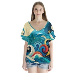 Waves Wave Ocean Sea Abstract Whimsical V-neck Flutter Sleeve Top by Maspions