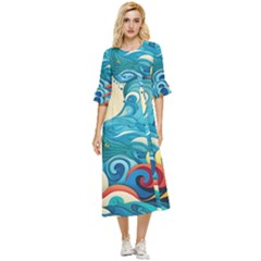 Waves Wave Ocean Sea Abstract Whimsical Double Cuff Midi Dress by Maspions