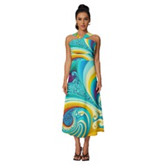 Abstract Waves Ocean Sea Whimsical Sleeveless Cross Front Cocktail Midi Chiffon Dress by Maspions