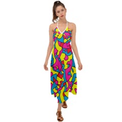 Colorful-graffiti-pattern-blue-background Halter Tie Back Dress  by designsbymallika