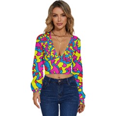 Colorful-graffiti-pattern-blue-background Long Sleeve Deep-v Velour Top by designsbymallika