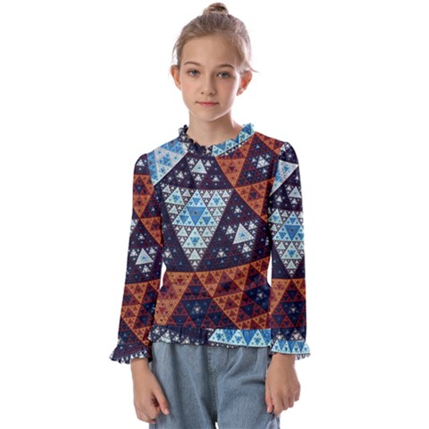Fractal Triangle Geometric Abstract Pattern Kids  Frill Detail T-shirt by Cemarart