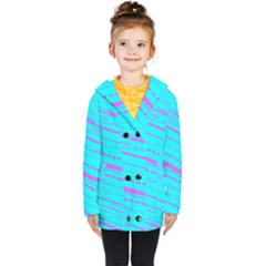 Wave Stripe Pattern Design Aqua Kids  Double Breasted Button Coat by Ndabl3x