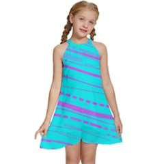 Wave Stripe Pattern Design Aqua Kids  Halter Collar Waist Tie Chiffon Dress by Ndabl3x