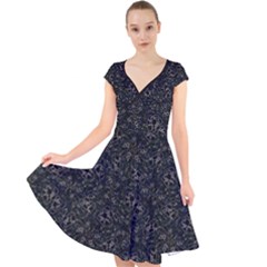 Midnight Blossom Elegance Black Backgrond Cap Sleeve Front Wrap Midi Dress by dflcprintsclothing