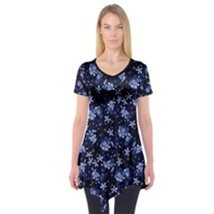 Stylized Floral Intricate Pattern Design Black Backgrond Short Sleeve Tunic  by dflcprintsclothing