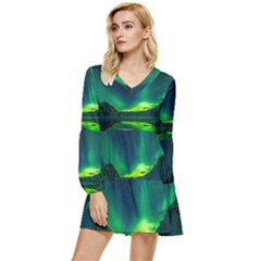 Iceland Aurora Borealis Tiered Long Sleeve Mini Dress by Proyonanggan