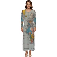 Vintage World Map Long Sleeve Longline Maxi Dress by Proyonanggan