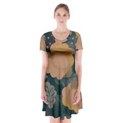 Flower Patterns Pattern Beige Green Short Sleeve V-neck Flare Dress by Proyonanggan