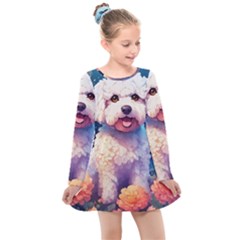 Cute Puppy With Flowers Kids  Long Sleeve Dress by Sparkle