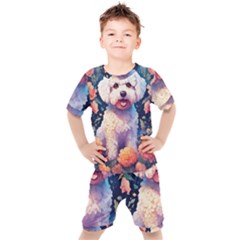 Cute Puppy With Flowers Kids  T-shirt And Shorts Set by Sparkle