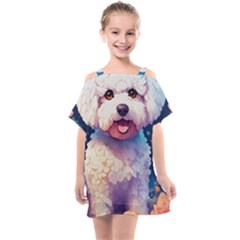 Cute Puppy With Flowers Kids  One Piece Chiffon Dress by Sparkle