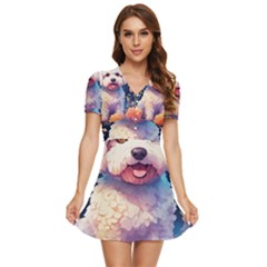 Cute Puppy With Flowers V-neck High Waist Chiffon Mini Dress by Sparkle