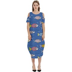 Sea Fish Blue Submarine Animals Patteen Cold Shoulder Loose Fit Dress With Pockets by Maspions