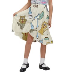 Happy Cats Pattern Background Kids  Ruffle Flared Wrap Midi Skirt by Grandong