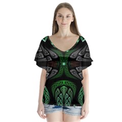 Fractal Green Black 3d Art Floral Pattern V-neck Flutter Sleeve Top by Cemarart