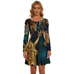 Pattern With Horses Long Sleeve Wide Neck Velvet Dress by 2607694a