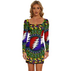 Grateful Dead Bear Pattern Long Sleeve Square Neck Bodycon Velvet Dress by Maspions