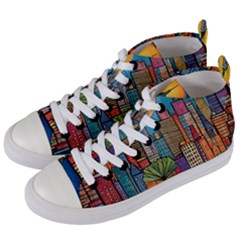 City New York Nyc Skyscraper Skyline Downtown Night Business Urban Travel Landmark Building Architec Women s Mid-top Canvas Sneakers by Posterlux