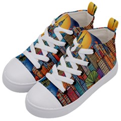 City New York Nyc Skyscraper Skyline Downtown Night Business Urban Travel Landmark Building Architec Kids  Mid-top Canvas Sneakers by Posterlux