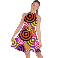 Abstract Circles Background Retro Sleeveless Halter Neck A-line Dress by Ravend