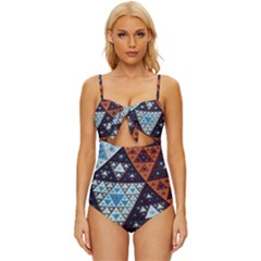 Fractal Triangle Geometric Abstract Pattern Knot Front One-piece Swimsuit by Cemarart