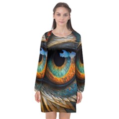 Eye Bird Feathers Vibrant Long Sleeve Chiffon Shift Dress  by Hannah976