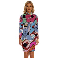 Graffiti Monster Street Theme Long Sleeve Shirt Collar Bodycon Dress by Bedest