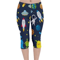 Big Set Cute Astronauts Space Planets Stars Aliens Rockets Ufo Constellations Satellite Moon Rover V Velvet Capri Leggings  by Bedest