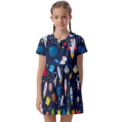 Big Set Cute Astronauts Space Planets Stars Aliens Rockets Ufo Constellations Satellite Moon Rover V Kids  Asymmetric Collar Dress by Bedest