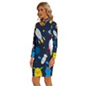 Big Set Cute Astronauts Space Planets Stars Aliens Rockets Ufo Constellations Satellite Moon Rover V Long Sleeve Shirt Collar Bodycon Dress View2