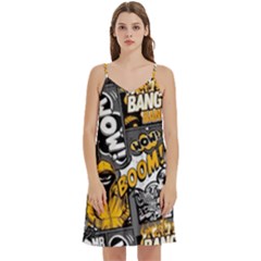 Boom Bang Art Crazy Drawing Graffiti Hello Retro Sayings Yellow Mini Camis Dress With Pockets by Bedest