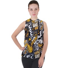 Boom Bang Art Crazy Drawing Graffiti Hello Retro Sayings Yellow Mock Neck Chiffon Sleeveless Top by Bedest