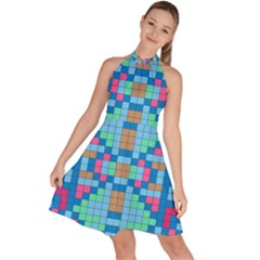 Checkerboard Square Abstract Sleeveless Halter Neck A-line Dress by Ravend