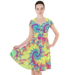 Fractal Spiral Abstract Background Vortex Yellow Cap Sleeve Midi Dress With Pockets by Ket1n9