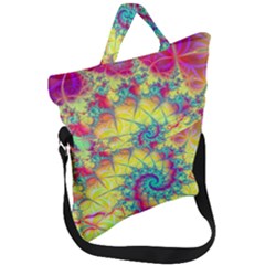 Fractal Spiral Abstract Background Vortex Yellow Fold Over Handle Tote Bag by Ket1n9