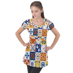 Mexican Talavera Pattern Ceramic Tiles With Flower Leaves Bird Ornaments Traditional Majolica Style Puff Sleeve Tunic Top by Ket1n9