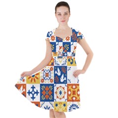 Mexican Talavera Pattern Ceramic Tiles With Flower Leaves Bird Ornaments Traditional Majolica Style Cap Sleeve Midi Dress by Ket1n9