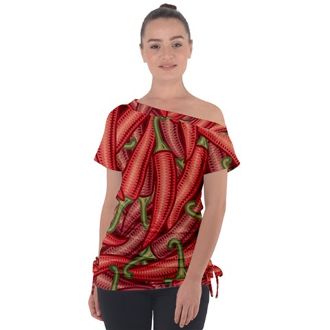 Seamless-chili-pepper-pattern Off Shoulder Tie-up T-shirt by Ket1n9