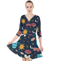 Seamless-pattern-with-breakfast-symbols-morning-coffee Quarter Sleeve Front Wrap Dress by Ket1n9