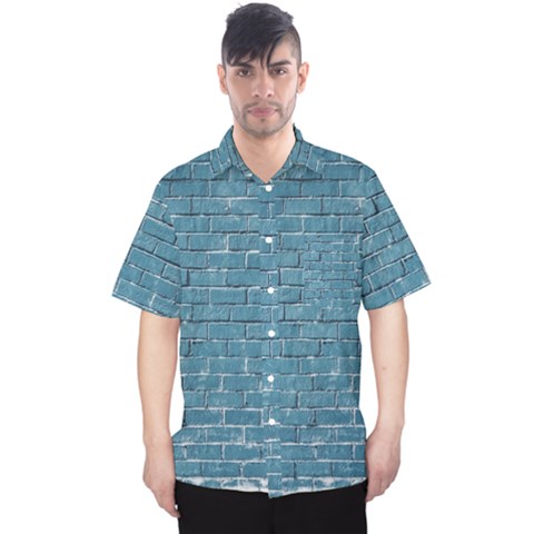 White And Blue Brick Wall Men s Hawaii Shirt by Azkajaya