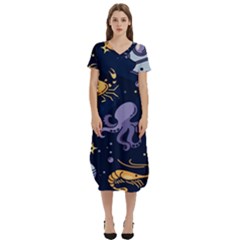 Marine Seamless Pattern Thin Line Memphis Style T-shirt Midi Dress With Pockets by Ket1n9