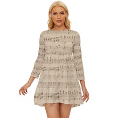 Vintage Beige Music Notes Long Sleeve Babydoll Dress by Loisa77