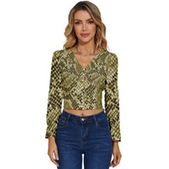 Yellow Snake Skin Pattern Long Sleeve V-neck Top by Ket1n9