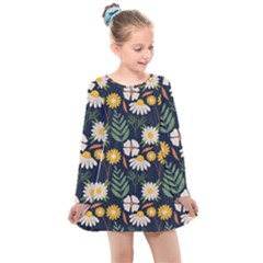 Flower Grey Pattern Floral Kids  Long Sleeve Dress by Dutashop