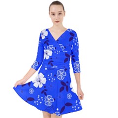 Blooming Seamless Pattern Blue Colors Quarter Sleeve Front Wrap Dress by Ket1n9