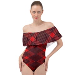 Pattern Black Red Off Shoulder Velour Bodysuit  by 2607694c