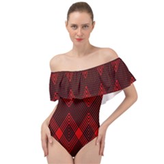 Pattern Red Black, Off Shoulder Velour Bodysuit  by 2607694c