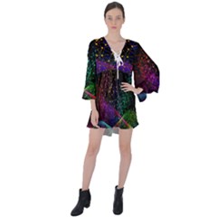 Particles Waves Line Multicoloured V-neck Flare Sleeve Mini Dress by Proyonanggan