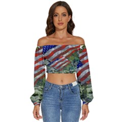 Usa United States Of America Images Independence Day Long Sleeve Crinkled Weave Crop Top by Ket1n9